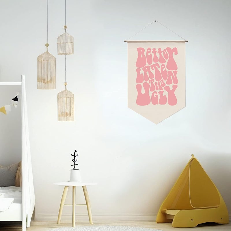 WCDHOR Better Late Than Ugly, Funny Vintage Hanging Banner Wall Art, Girls Room Wall Decor, Funny Retro Wall Hanging, Funny Bathroom Wall Banner, Vintage Wall Decor, Girl's Room Decor, Gift for Her - Image 3